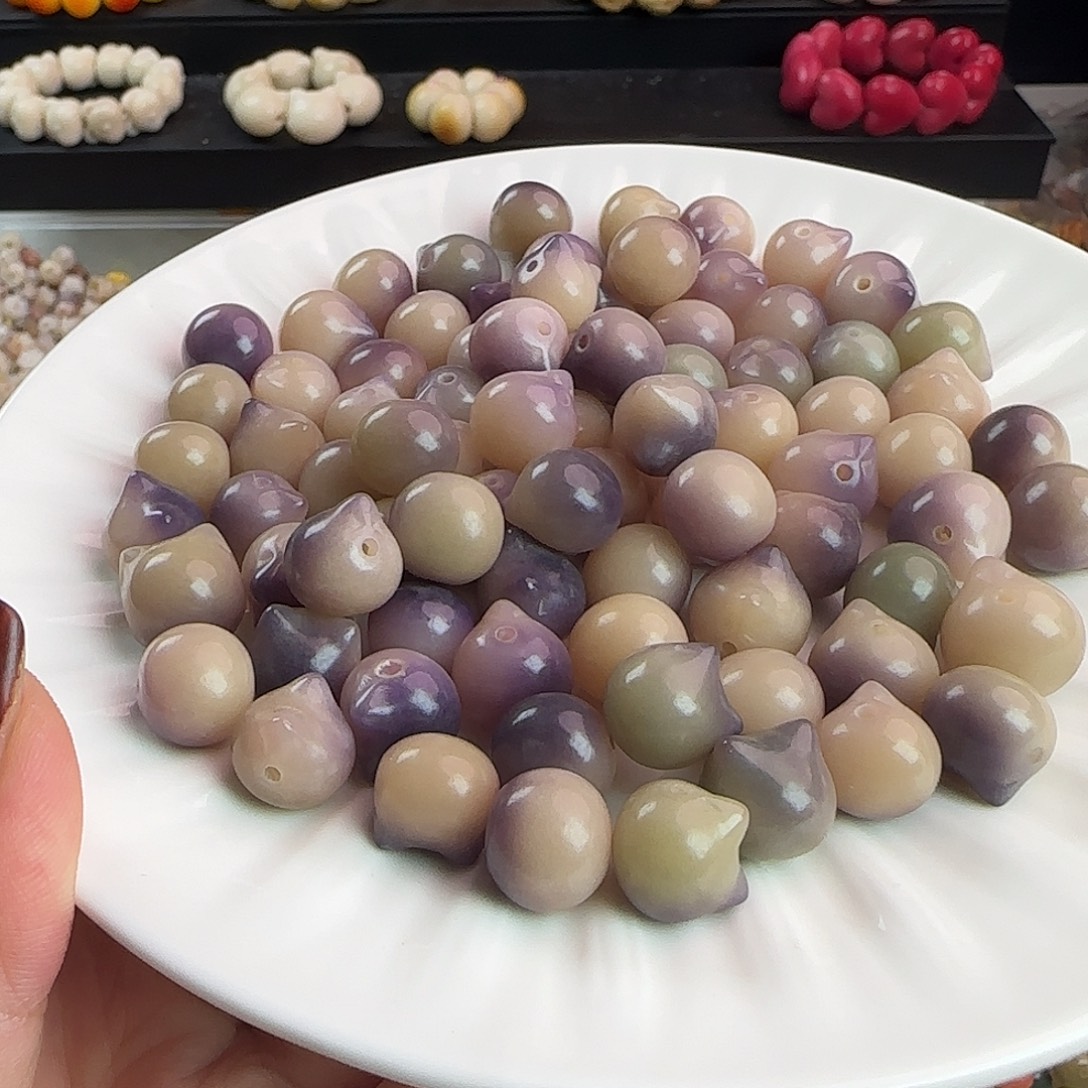 菩提根/象牙果手串卡11-12紫色飘花猫头30颗