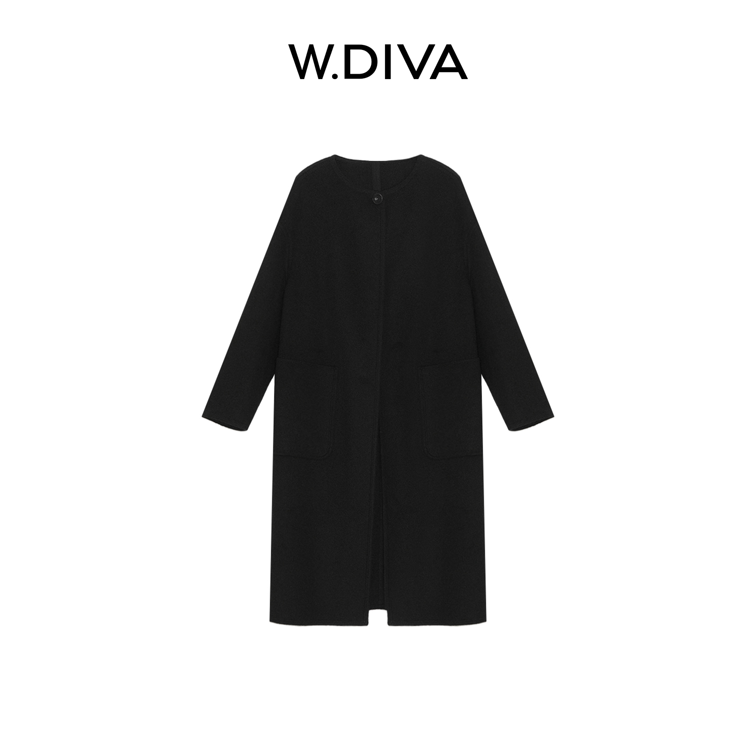 W.Diva【墨韵】秋冬黑色简约温婉真丝羊毛长款双面大衣女54C282759