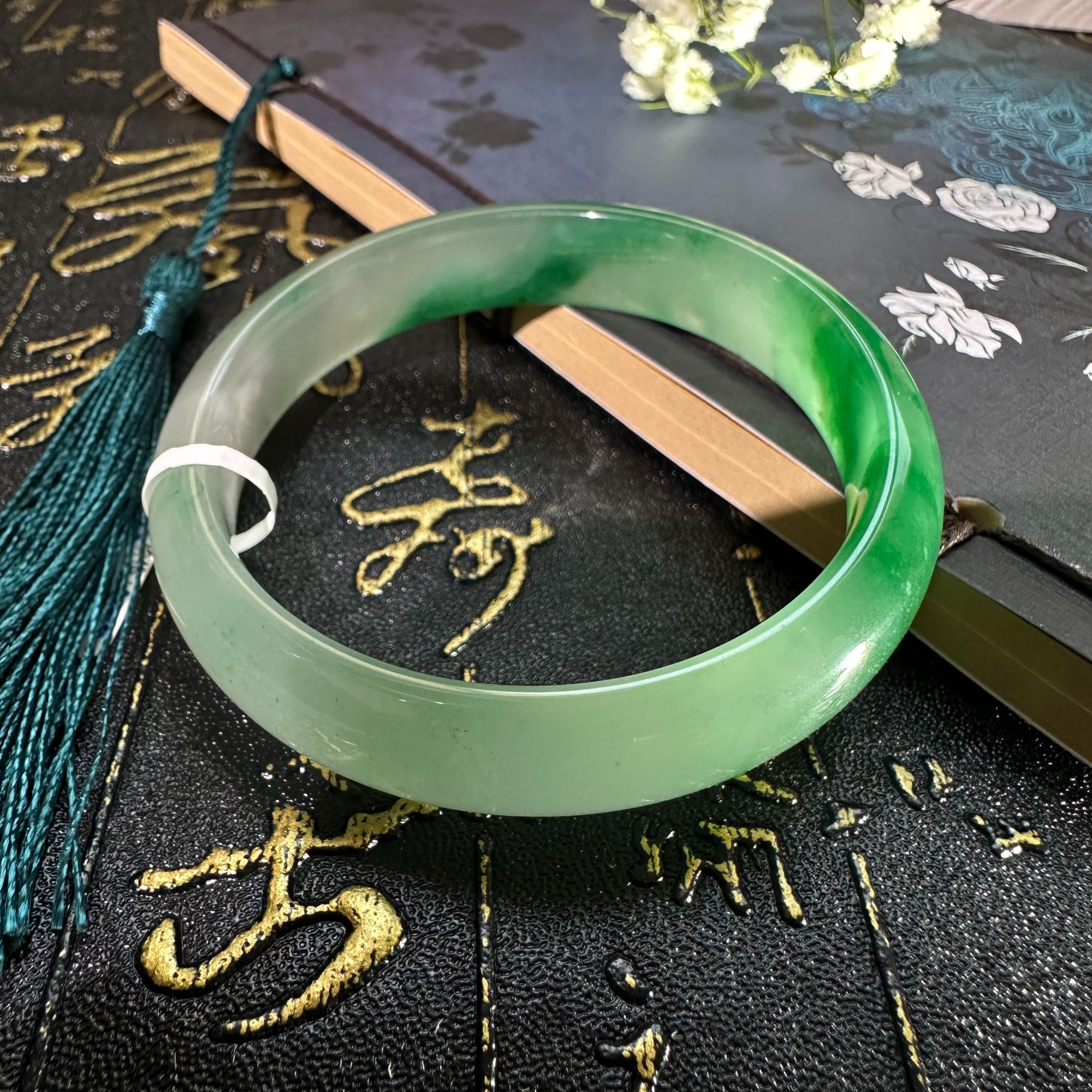 天然玉石非洲翠独龙玉高冰绿色飘花手镯