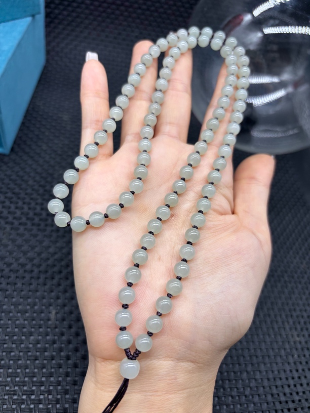 福利款新疆和田玉青白圆珠6mm手工编织挂件绳珠链项链毛衣链百搭