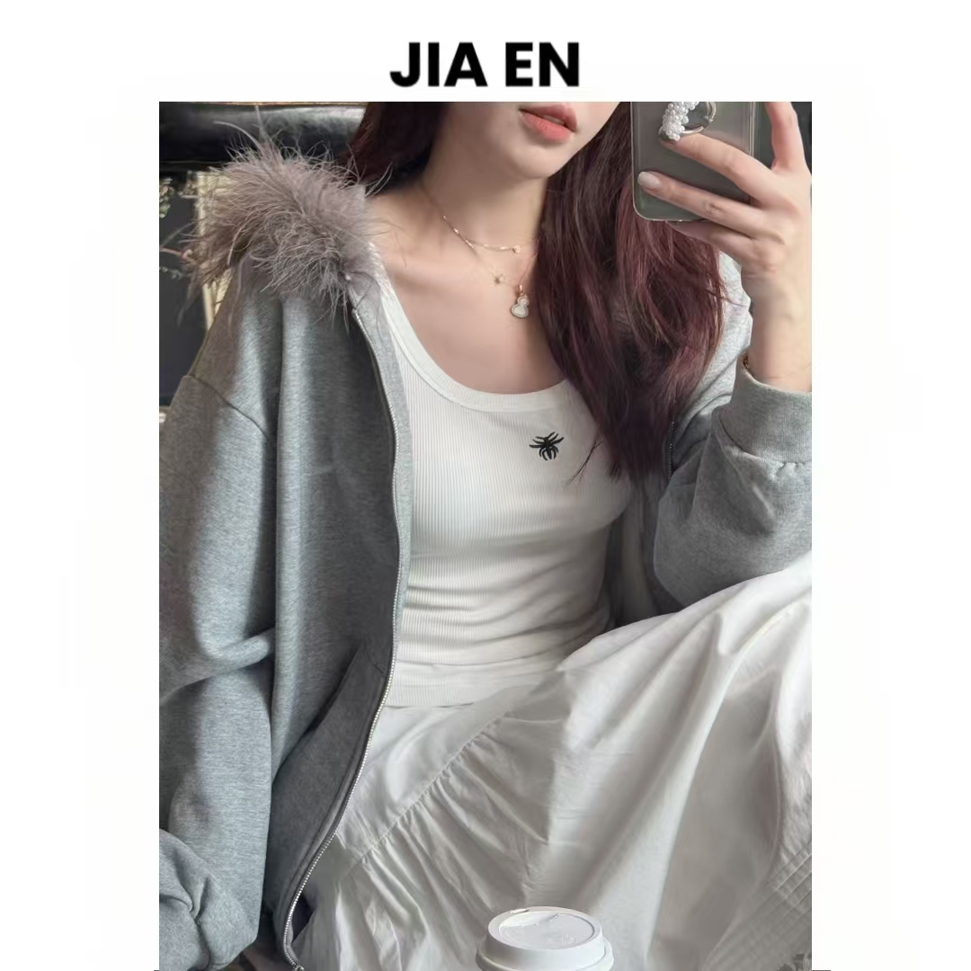 【CAIXIN佳恩】夜巴黎拉链毛领卫衣外套（毛毛可拆卸）