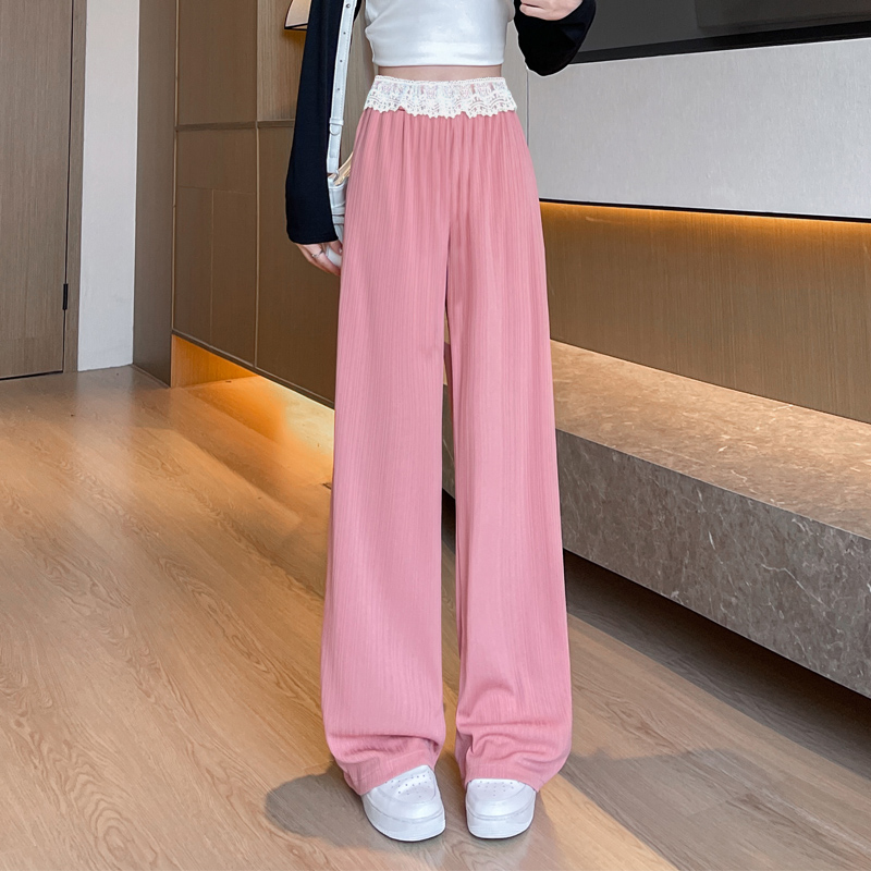 特拉思顿设计感蕾丝花边拼接休闲裤女新款高腰显瘦阔腿裤子春夏秋