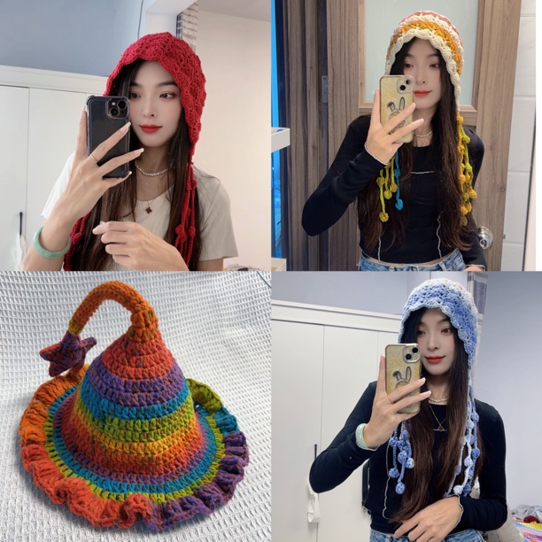 手编8股秋冬款精灵巫婆帽流苏包头护耳帽5.0钩针(非成品含教程)