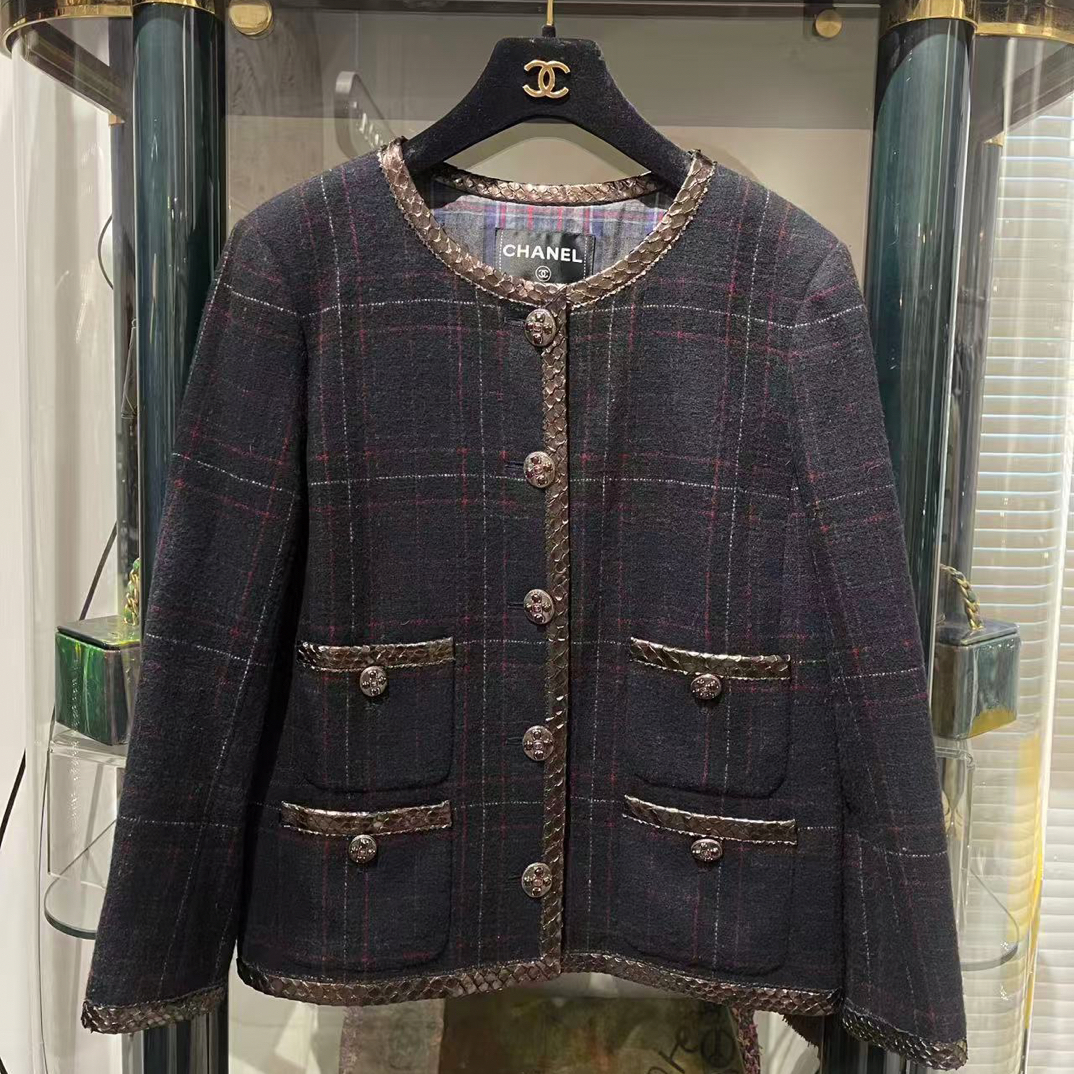 95新 Chanel/香奈儿 13A爱丁堡系列 黑灰色圆领四口袋外套40码