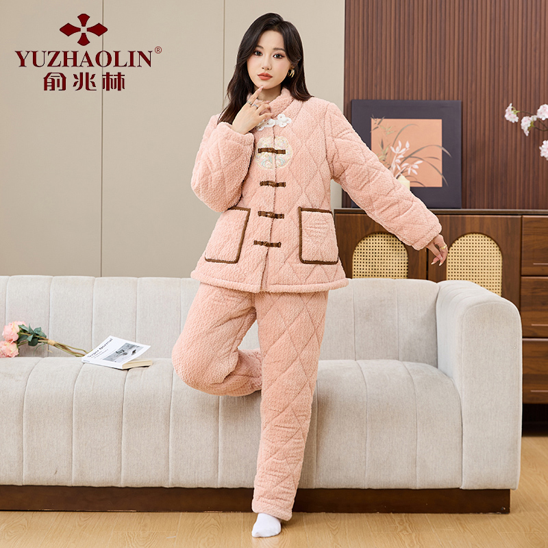 俞兆林2025新款睡衣女冬季加厚加绒牛奶绒三层夹棉保暖家居服套装
