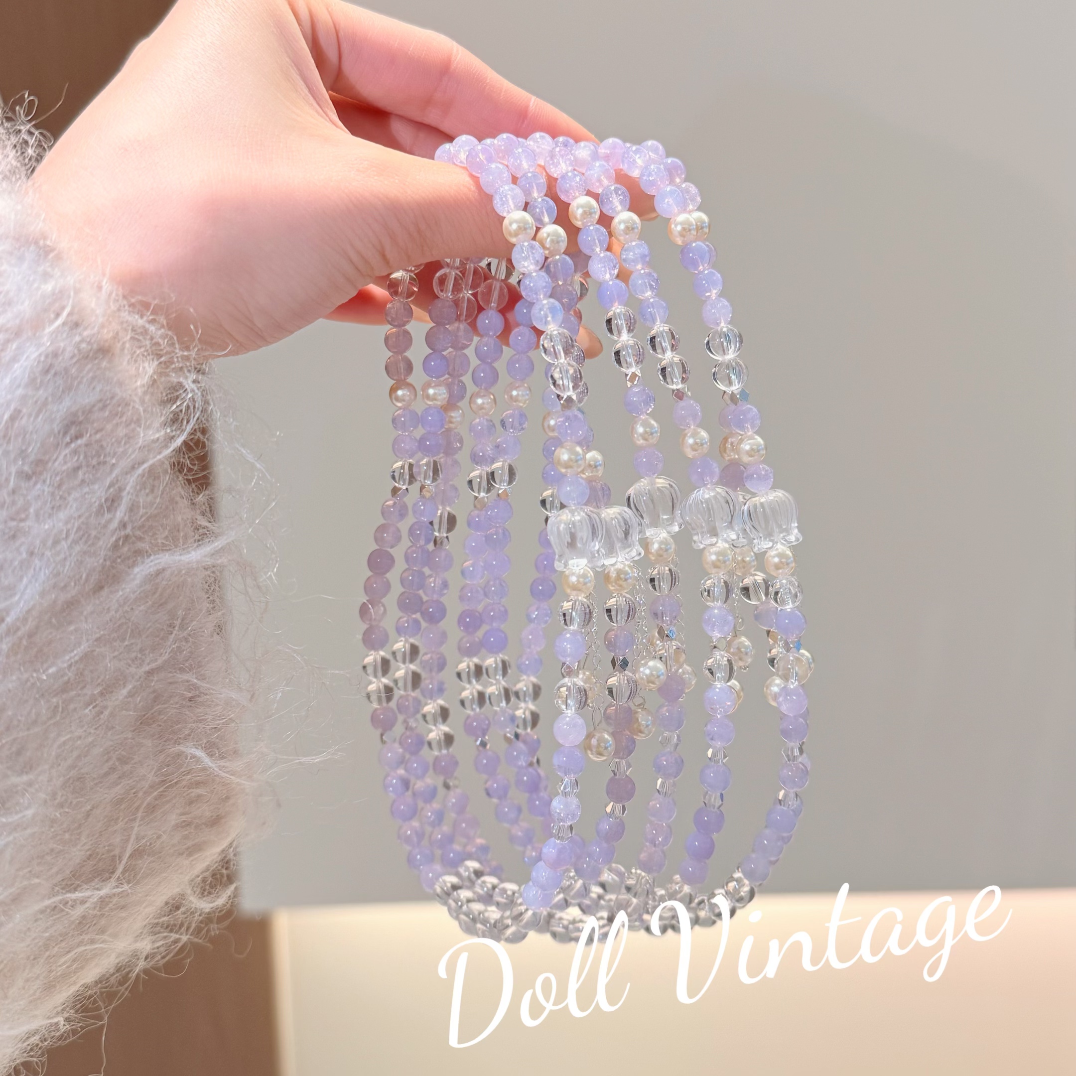 【铃兰夜语】B91-双圈紫玉晶白水晶手串