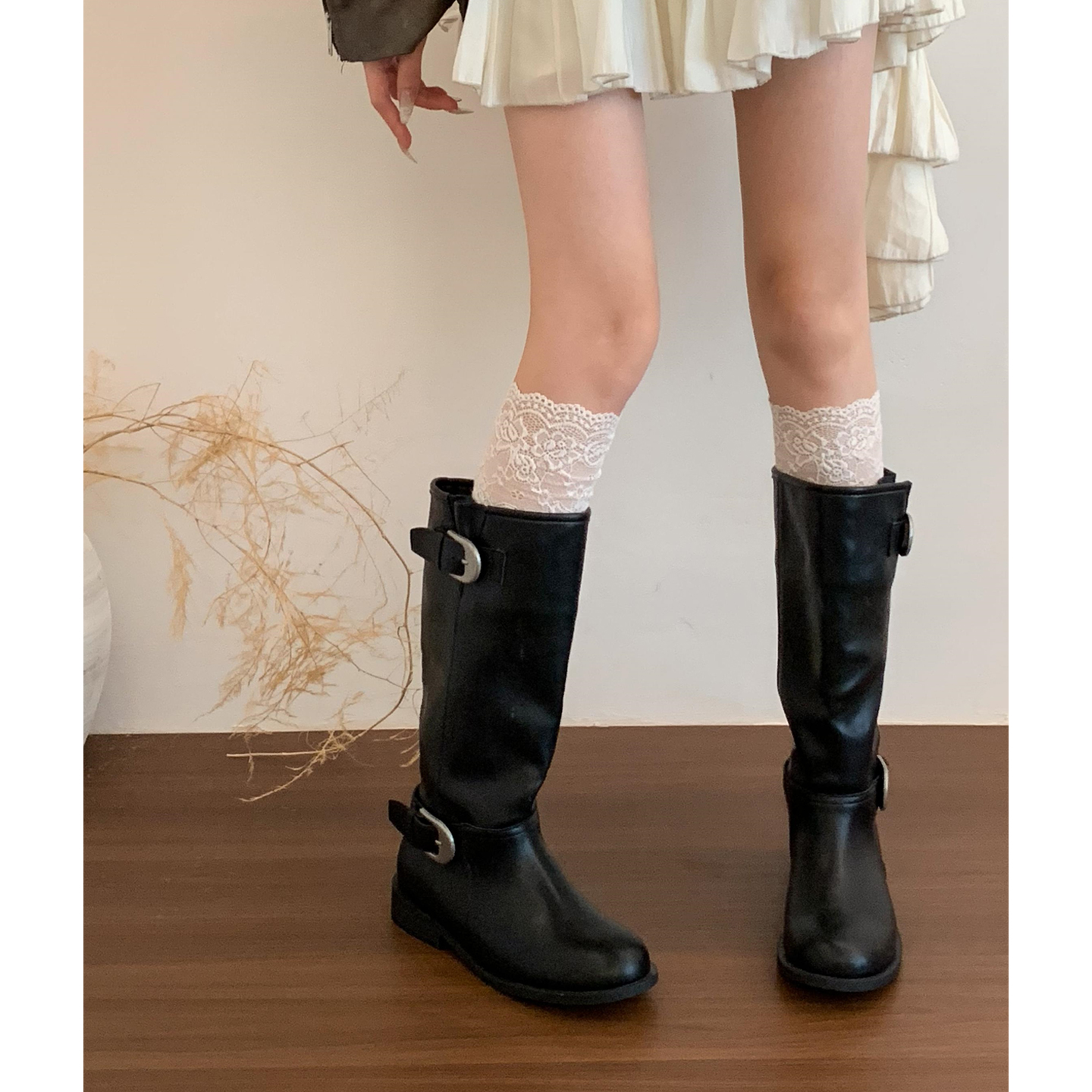 "马思纯同款"复古皮带扣中筒机车靴女骑士靴粗跟马丁靴不过膝长靴