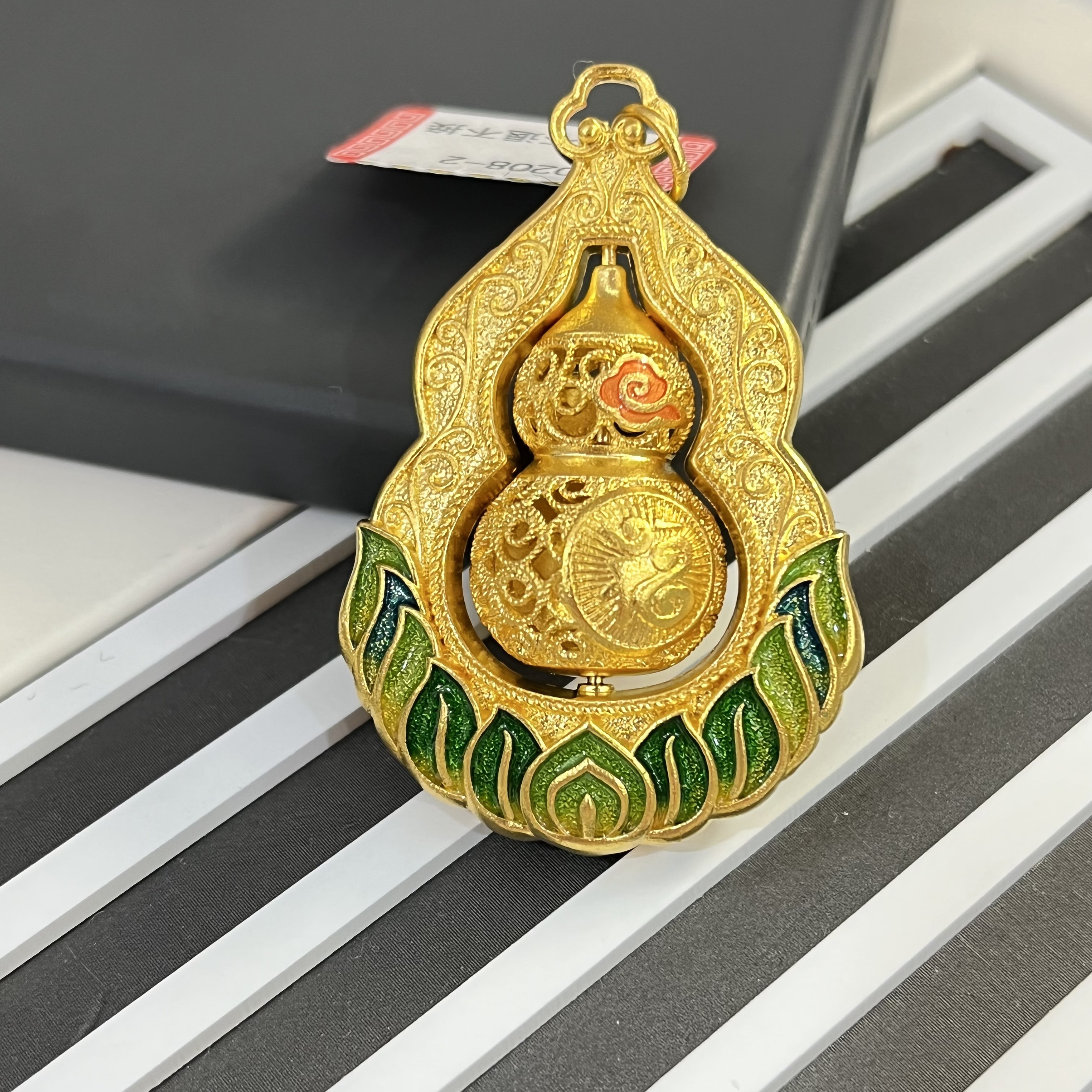 足银银制品 包厚金 珐琅彩花丝转动葫芦吊坠