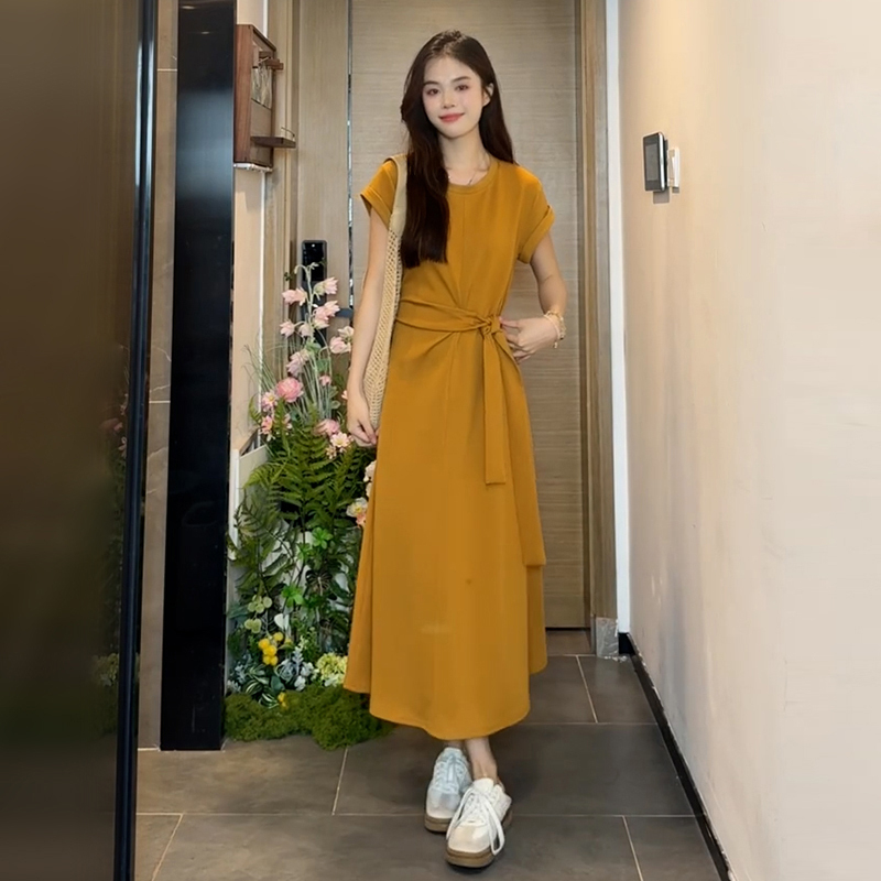 【清仓】3244黄色短袖连衣裙子女装夏季2025新款独特收腰长裙