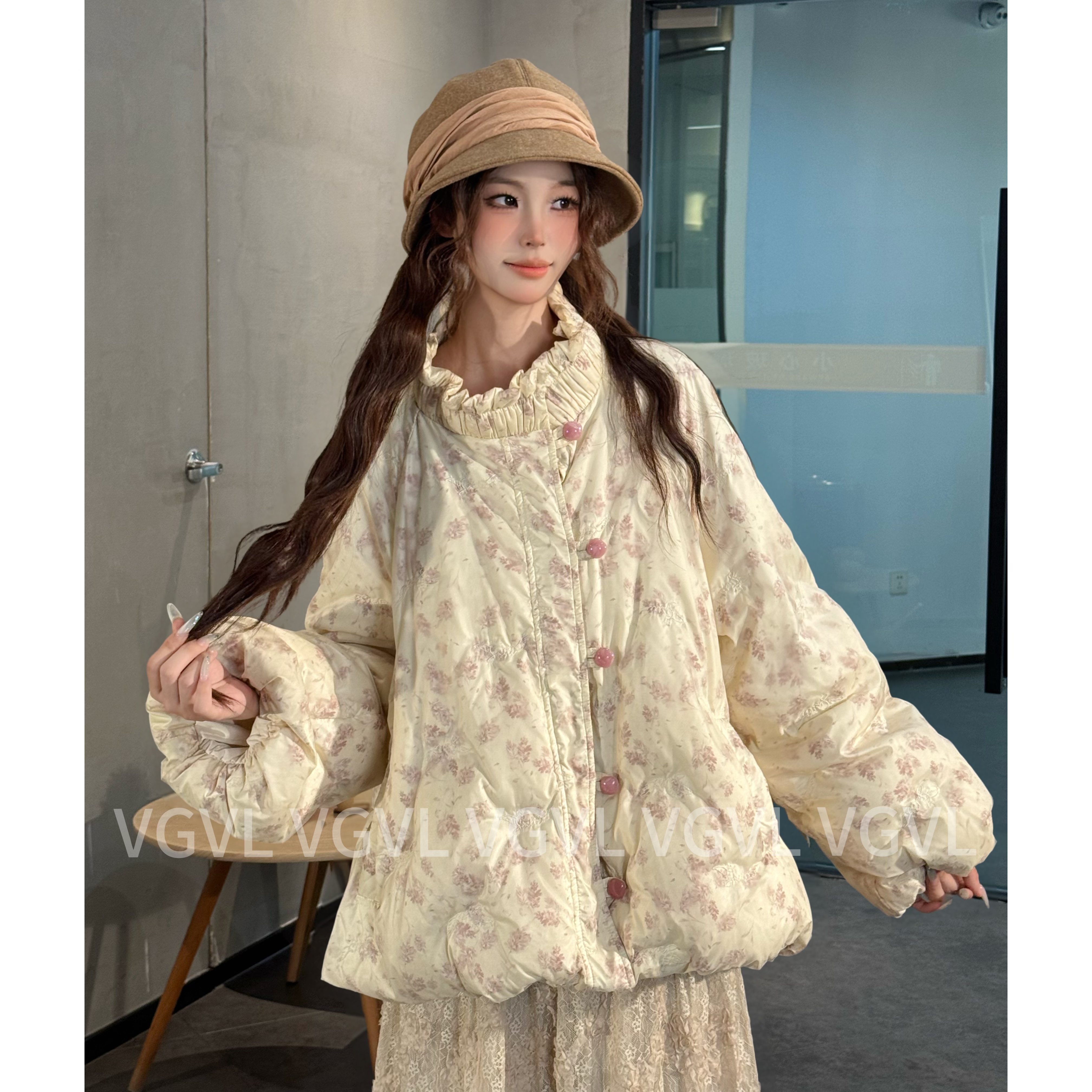 棉服【蔓越莓】粉色立体印花刺绣花苞棉服女冬宽松短款外套30188