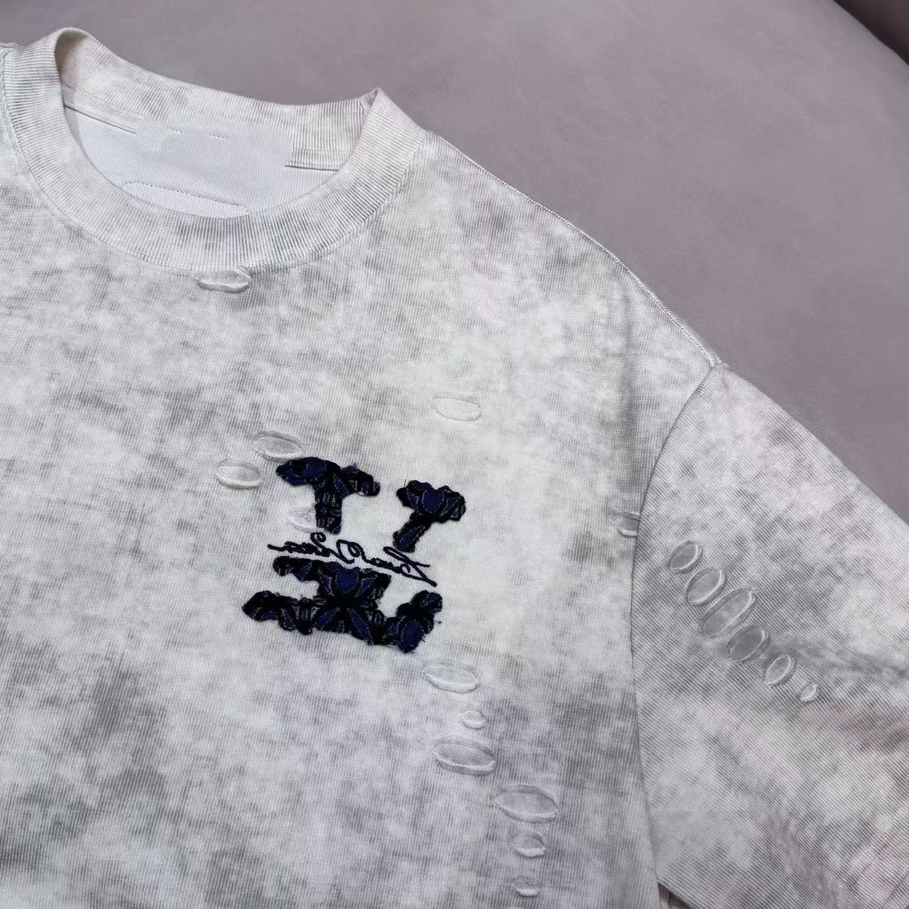 Millonthe【牛仔扎染】25s牛仔拼接刺绣扎染短袖男女同款300g