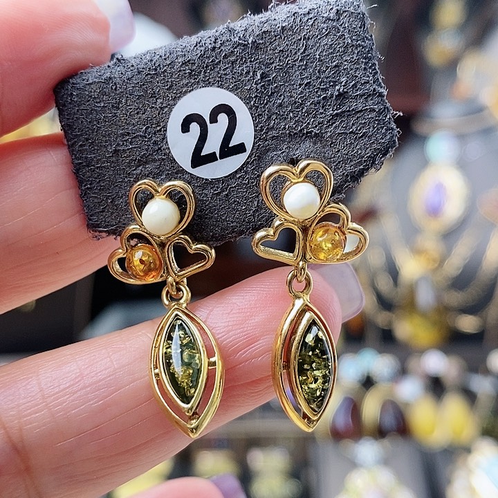 琥珀耳饰银S925镶嵌耳环