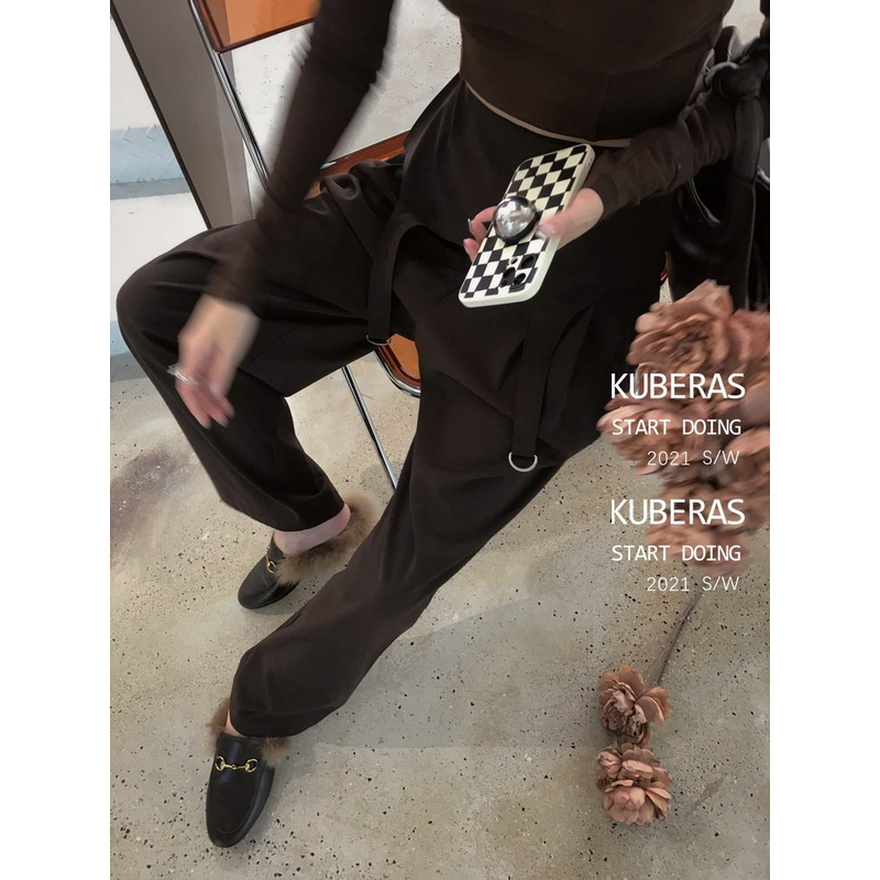 KUBERAS/长腿代表小众设计感飘带不规则阔腿直筒显瘦西装休闲长裤