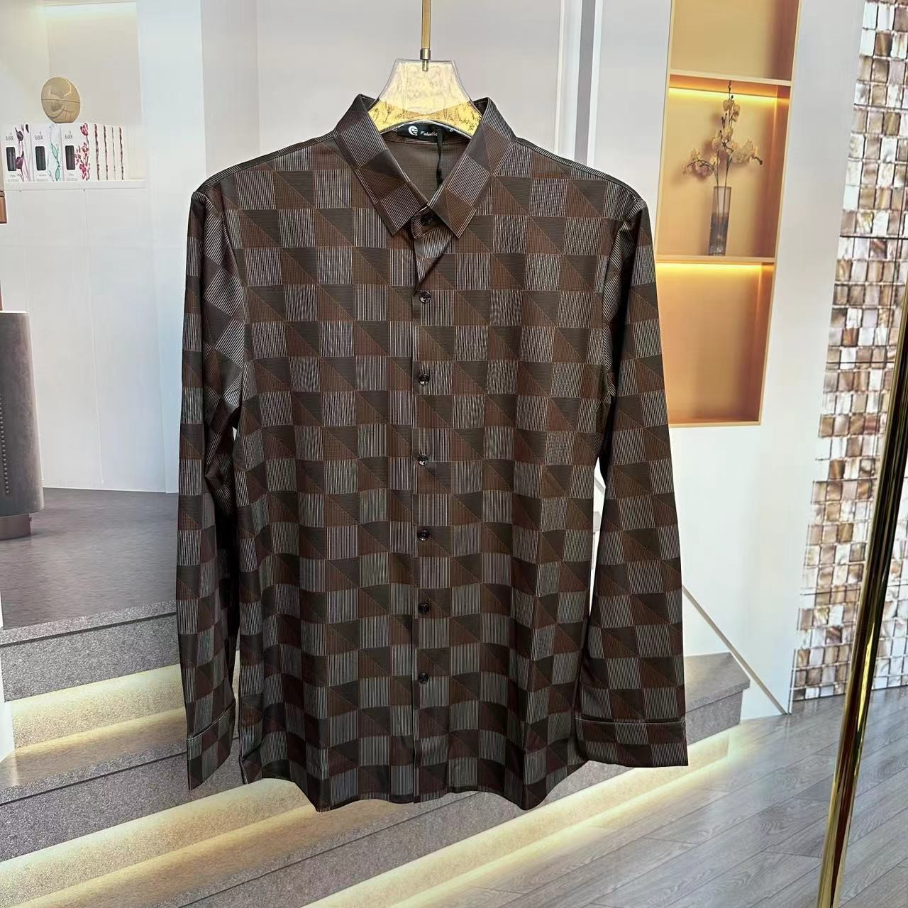 FLD男秋冬高品质欧货菱形格无缝弹力经典复古长袖衬衫