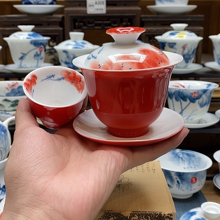 手绘龙船花盖碗160cc➕同款杯子釉下彩微瑕福利款