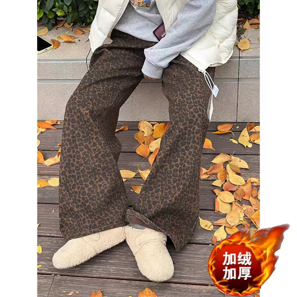 秋冬美式豹纹古早牛仔裤女2025年宽松弯刀设计感辣妹拖地裤