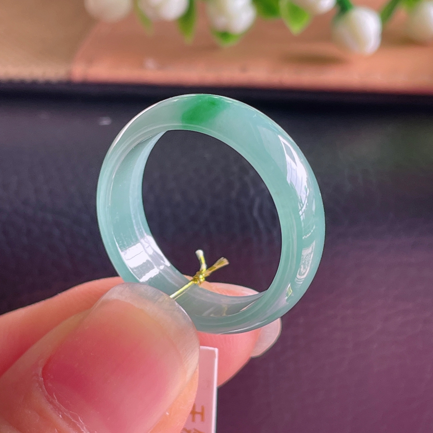 20号圈口天然A货飘绿彩翡翠戒指精雕冰糯种满色老坑玉指环男女款