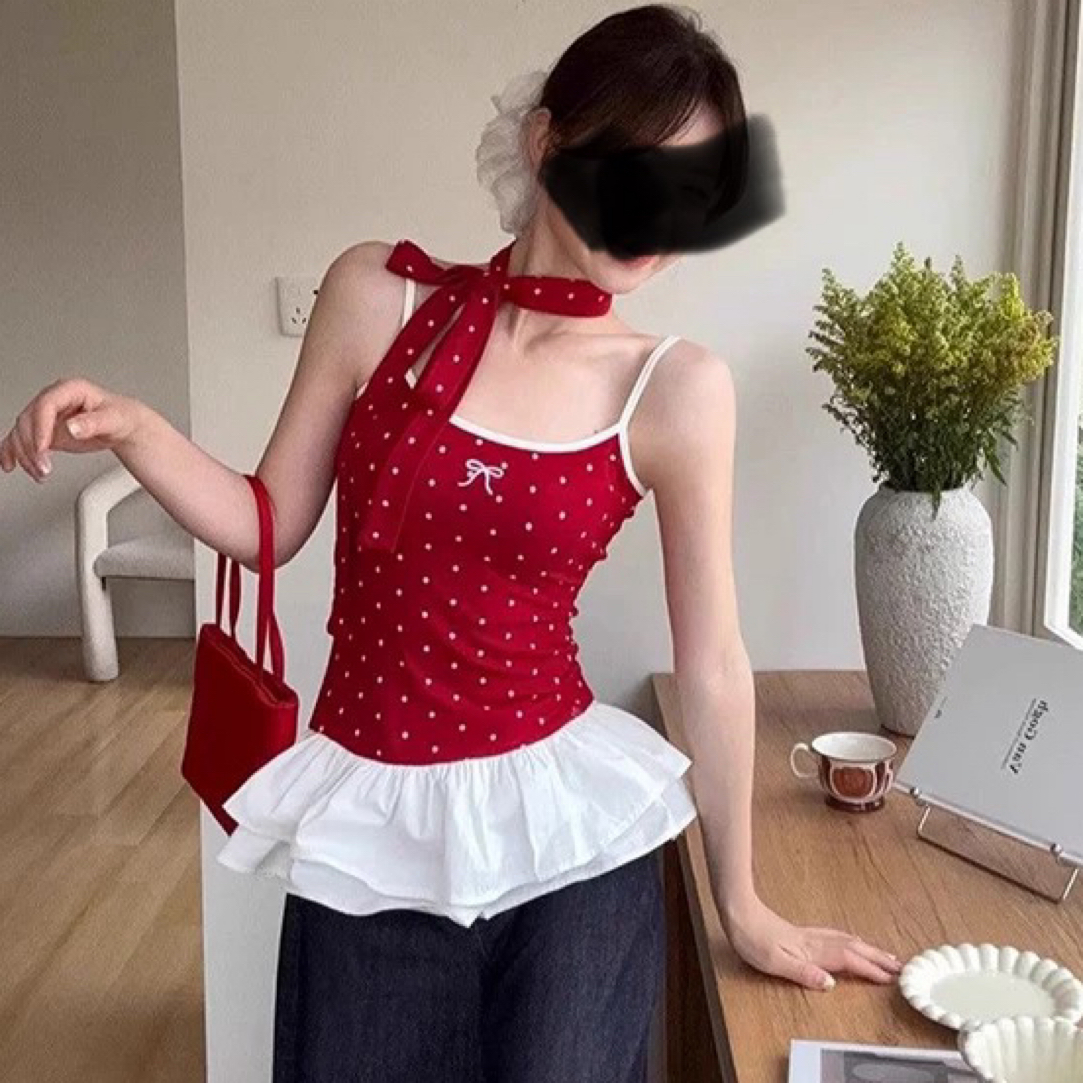 荷叶边拼接波点吊带背心女夏季修身显瘦百搭上衣