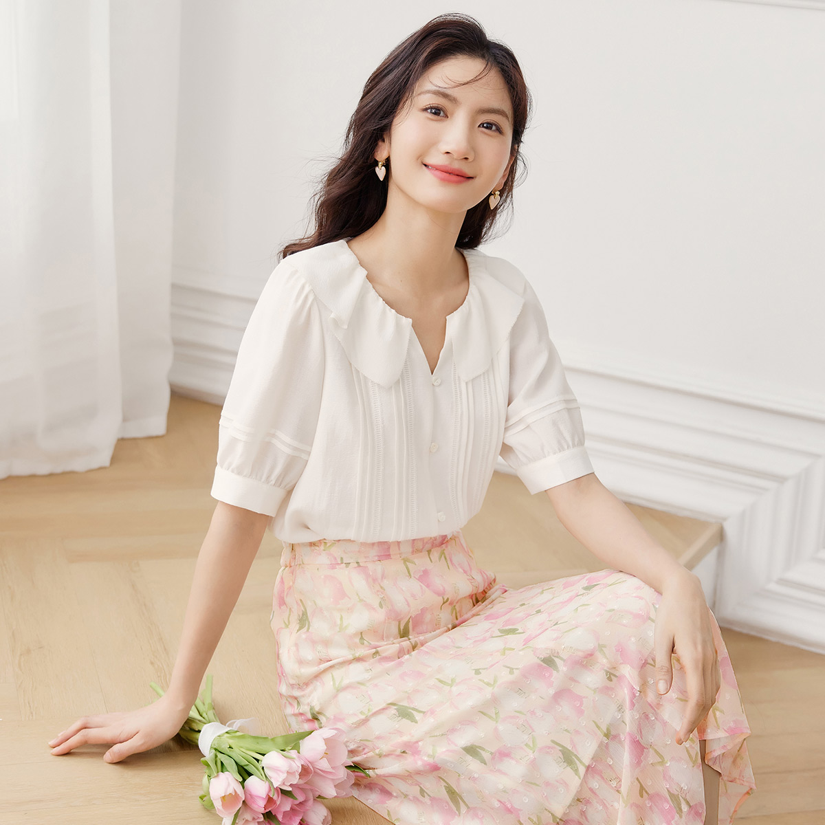 【达人专属】朗文斯汀洋气减龄泡泡袖荷叶领衬衫LDYX32307228B