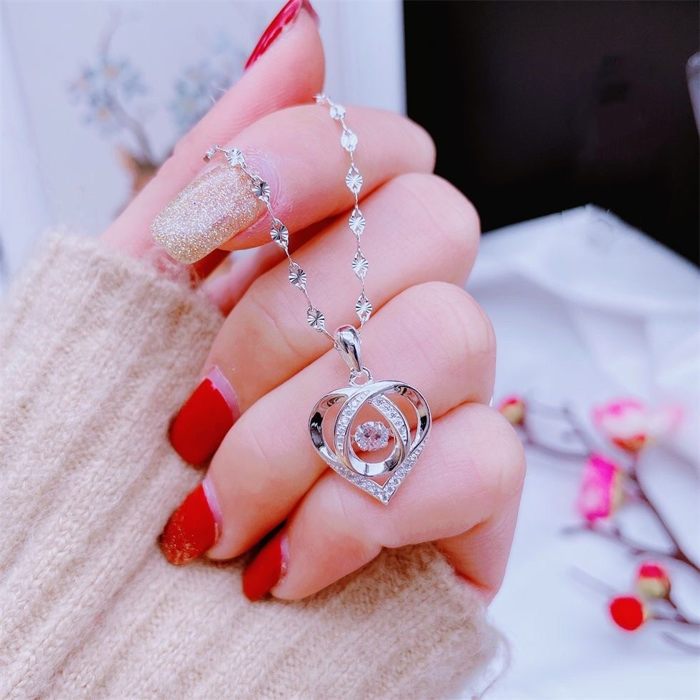 坠链均足银合成锆石 足银心心相印灵动爱心项链