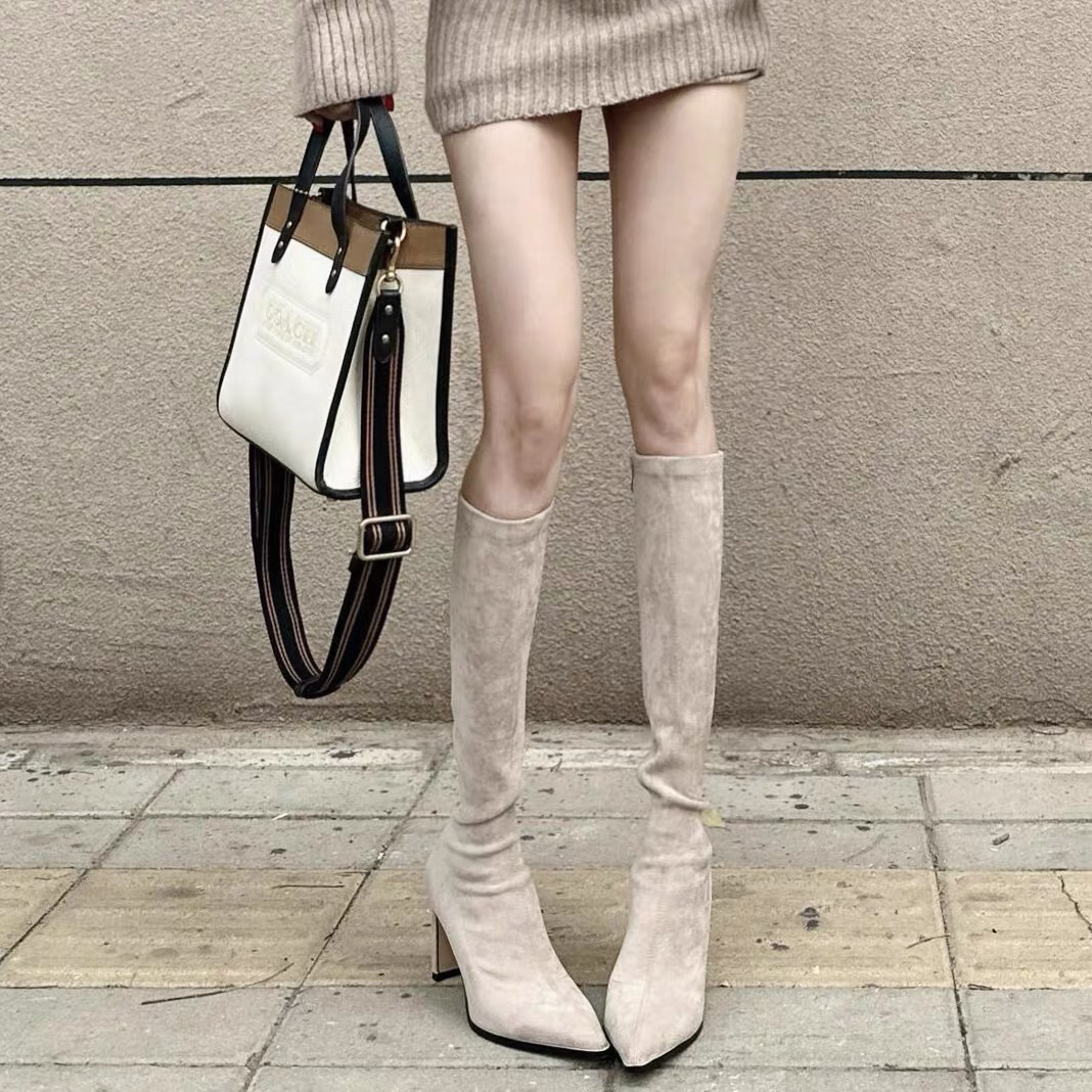 尖头长筒粗跟高跟袜靴杏色靴子不过靴高筒瘦瘦靴显瘦时尚弹力靴子
