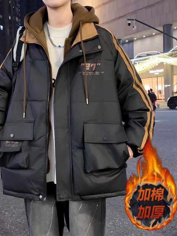 男女款假两件冬季棉衣防风拼色棉衣连帽棉服宽松棉袄百搭潮流8963