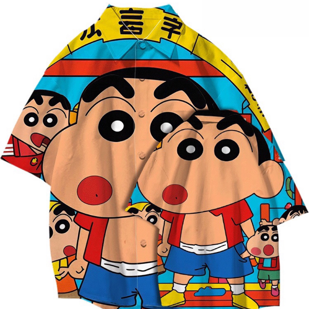 蜡笔小新卡通可爱花衬衫来图制情侣装亲子装度假短袖