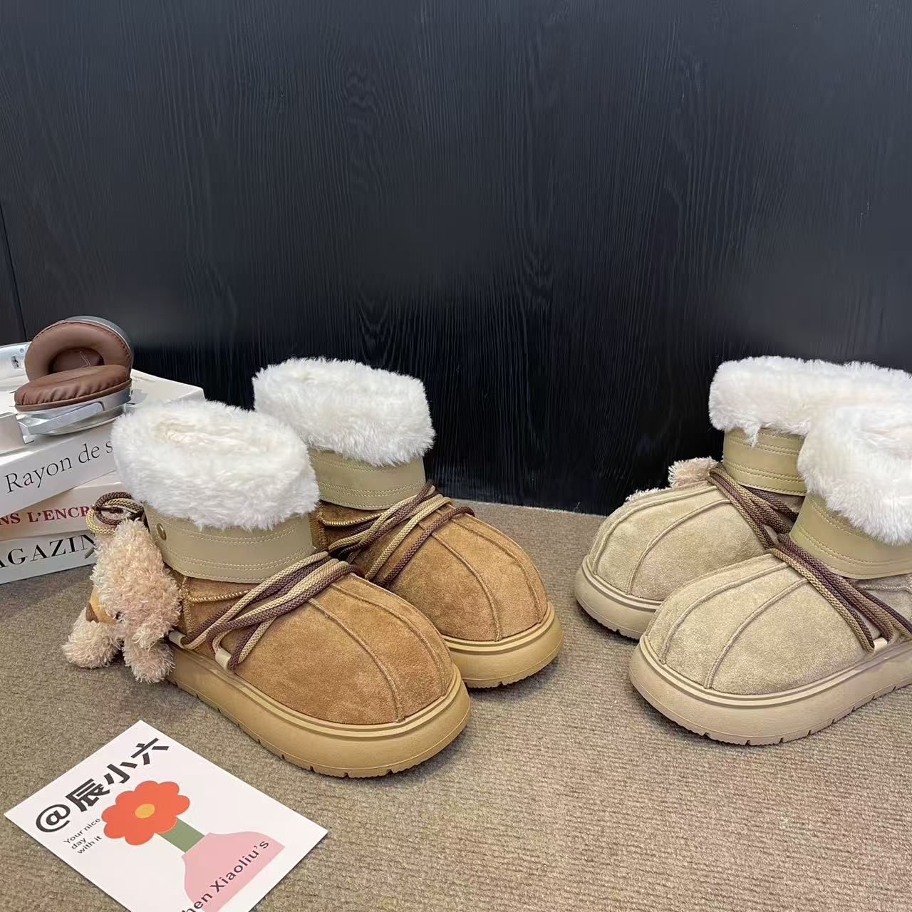 辰小六【真皮加绒雪地靴】可爱小熊厚底防滑加绒加厚大头雪地靴