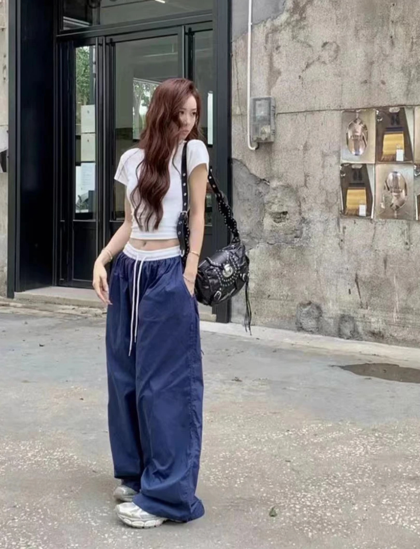 新款拼色松紧腰宽松阔腿休闲女夏季肌理垂感直筒拖地裤百搭潮流