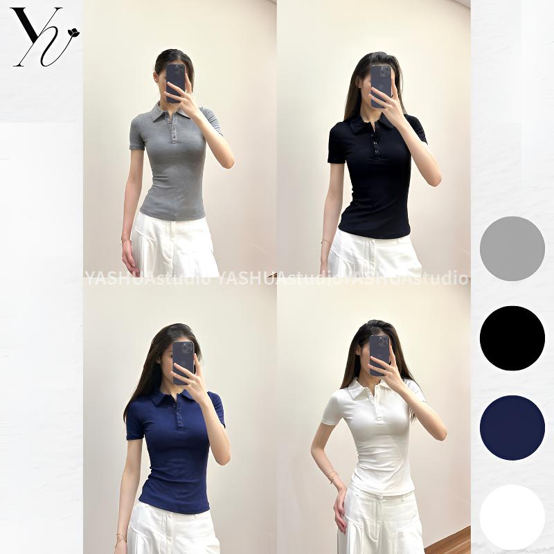 【新品】YSstudio美式Polo衫复古修身显瘦时尚Polo衫女T恤