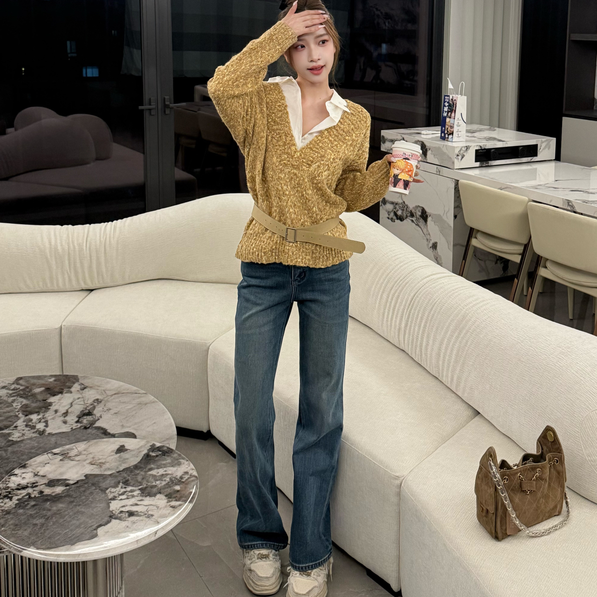 HiFairy·韩版双色纱拼接精致衬衫领叠穿设计毛衣搭配牛仔裤