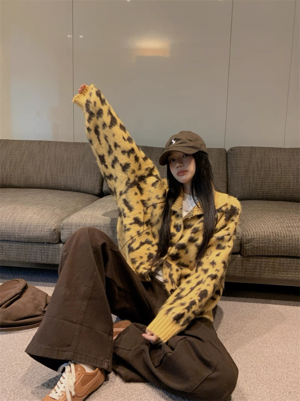 慵懒风设计感豹纹翻领高领女式毛衣秋冬别致百搭宽松显瘦上衣