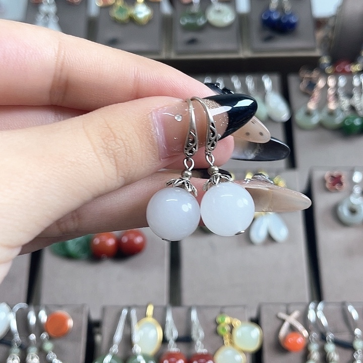 石英质玉（金丝玉）银S925镶嵌耳饰12左右