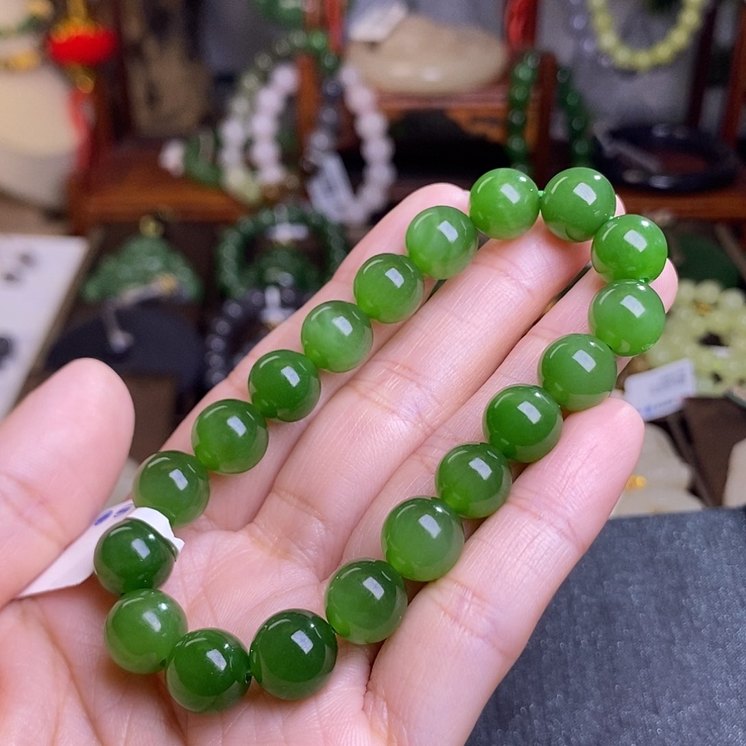 和田玉碧玉阳绿冰底猫眼手链约10MM未镶嵌