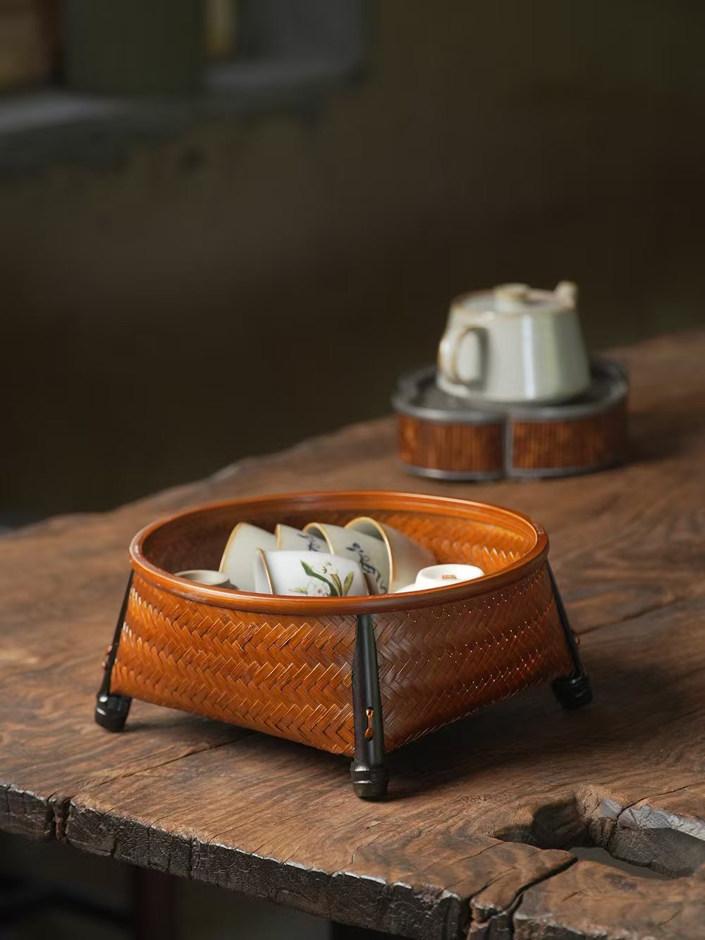 四方底圆箩  竹编茶篓杯篓收纳篮水果点心篮紫竹茶道配件