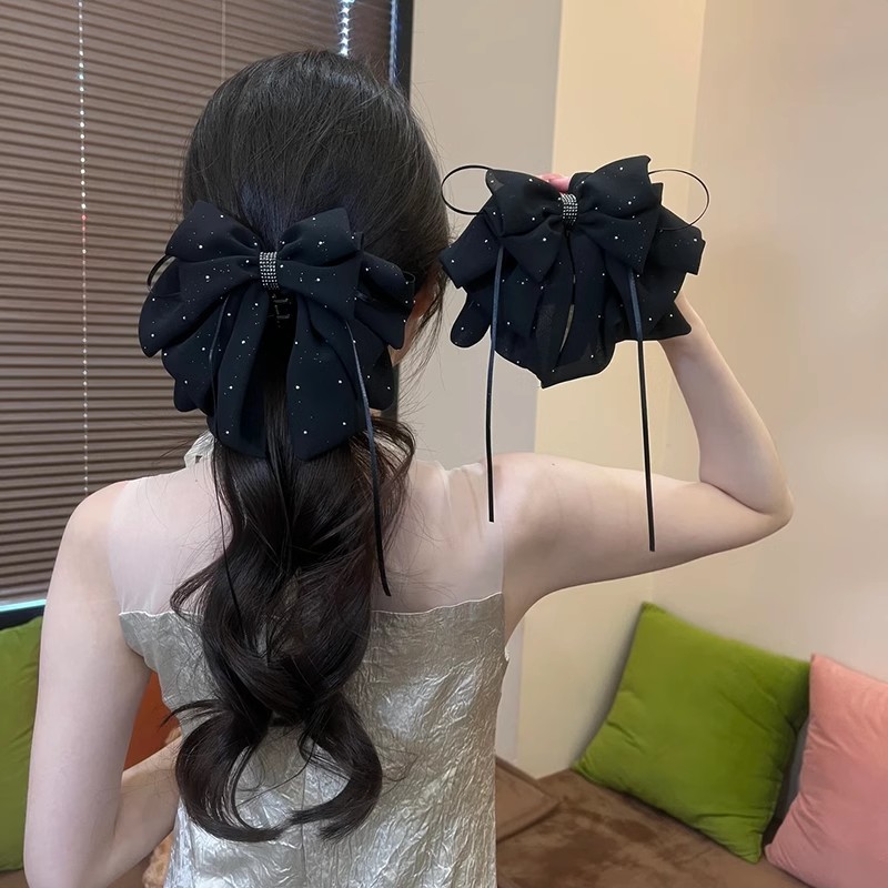 气质缎面星空蝴蝶结飘带马尾夹抓夹女女发量少量半扎发卡夹子