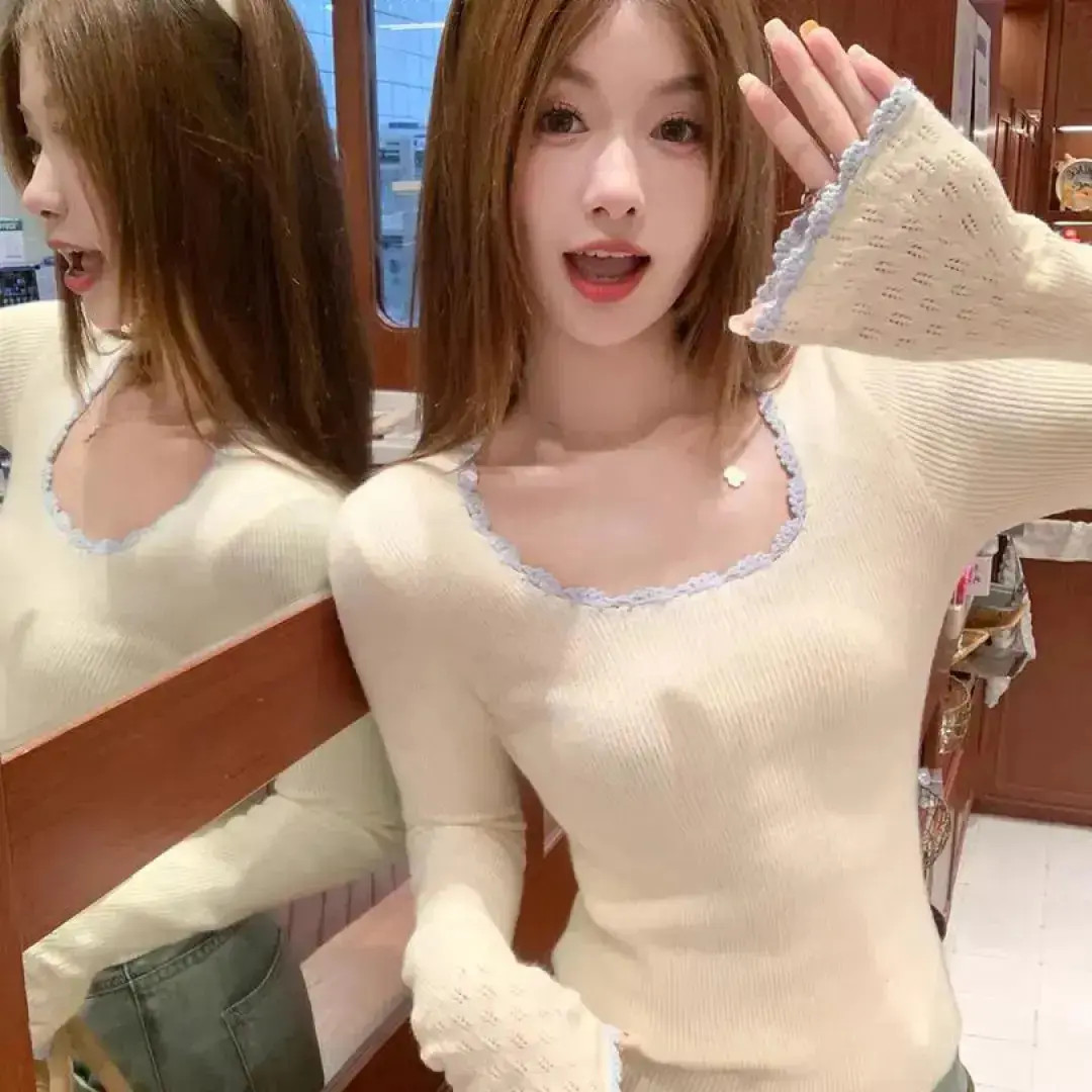 韩系方领长袖针织内搭打底衫女秋冬修身t恤早秋氛围感新款上衣ins