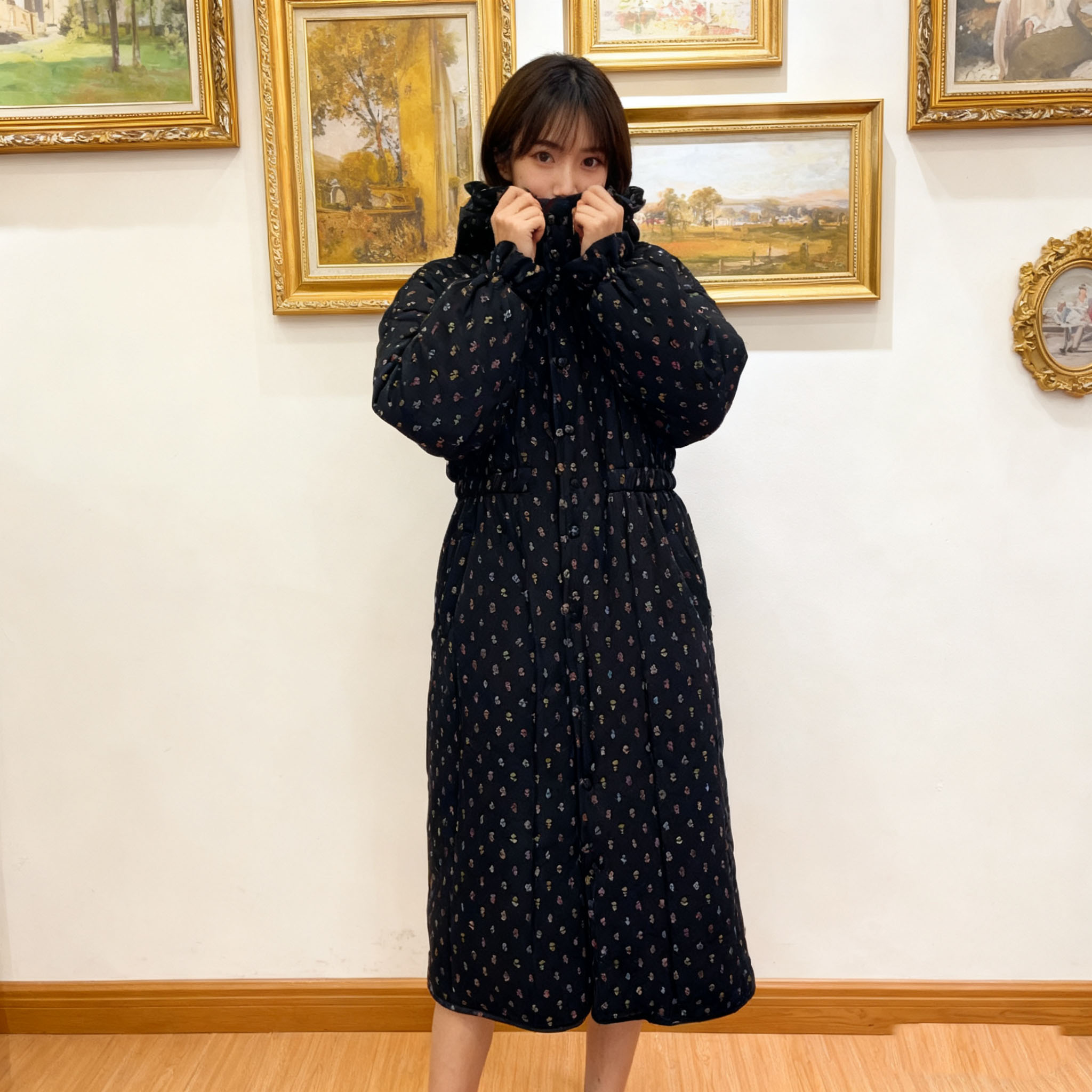 黑底小花收腰连帽长款300g新疆棉花女保暖家居服棉衣大长袍单件