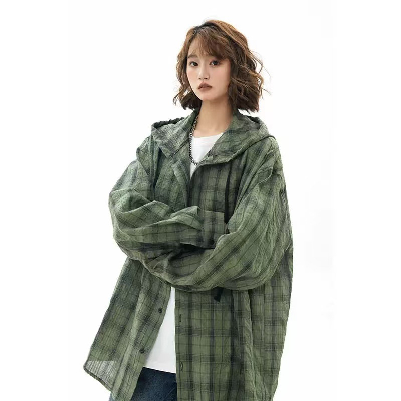 929格子连帽长袖外套