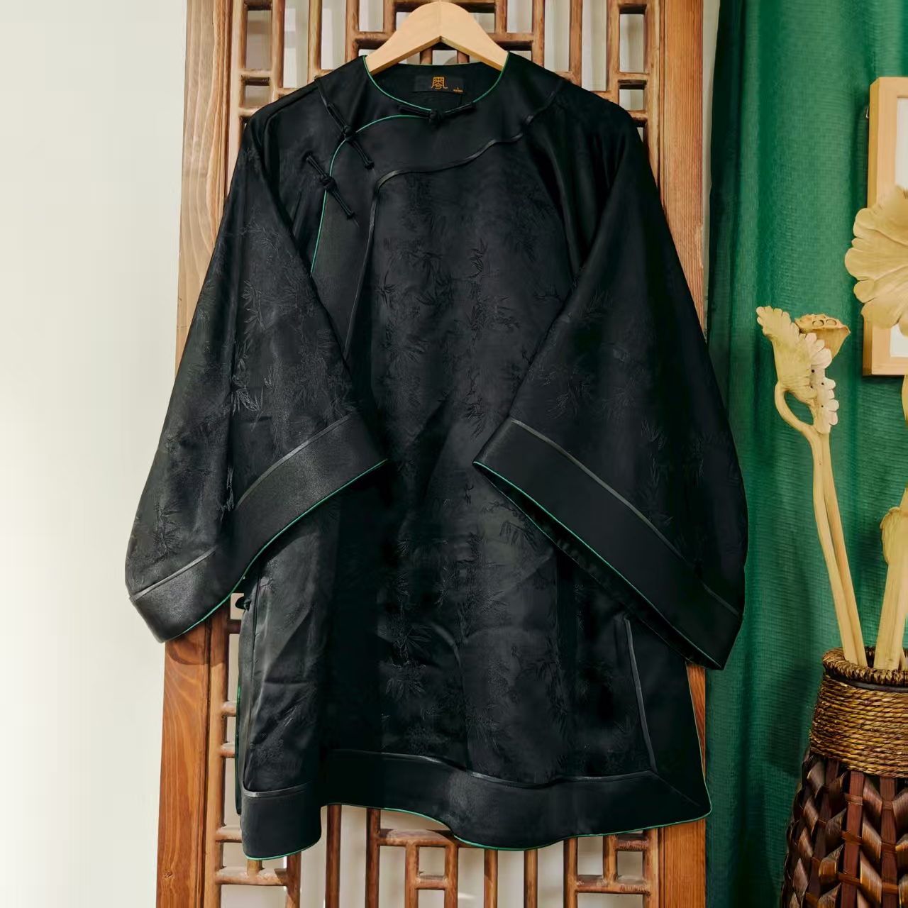 （LS661-1）凤徕兮私人定制黑色竹叶暗纹花斜襟盘扣太太服