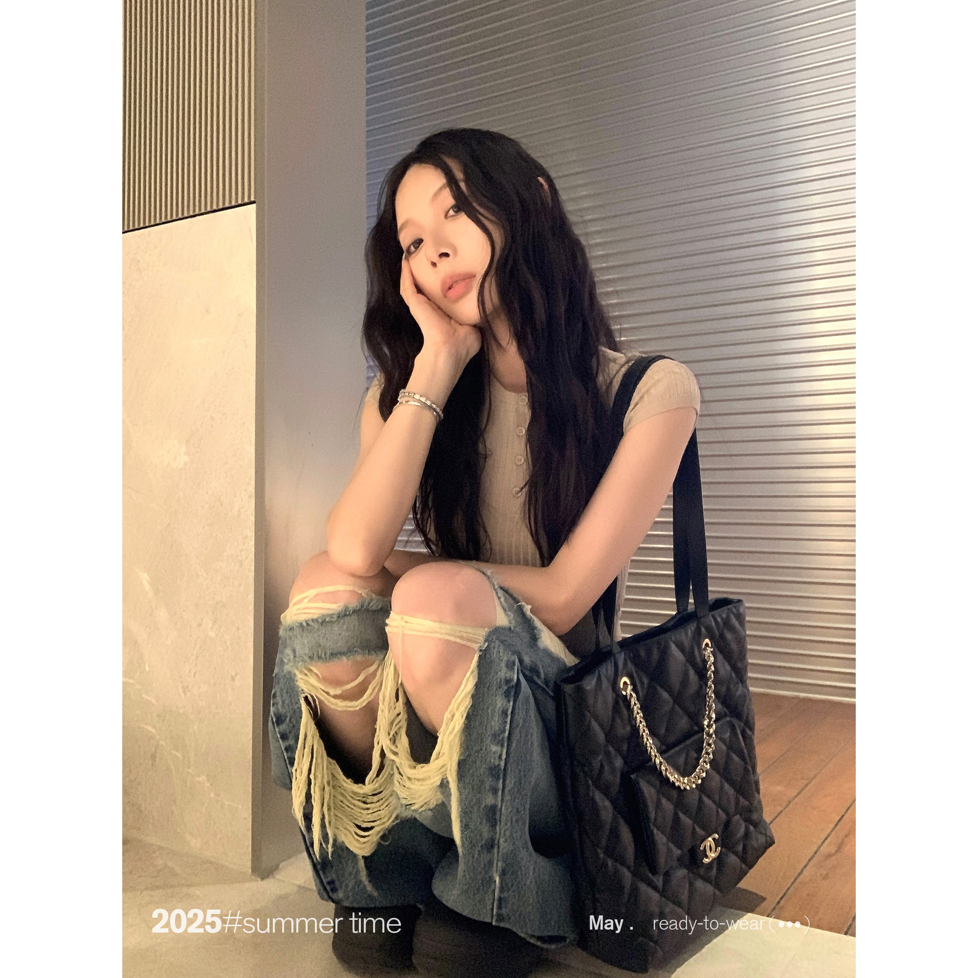 SUNONEONE 亚麻坑条修身短袖针织T恤女夏亨利扣短款上衣H1103C