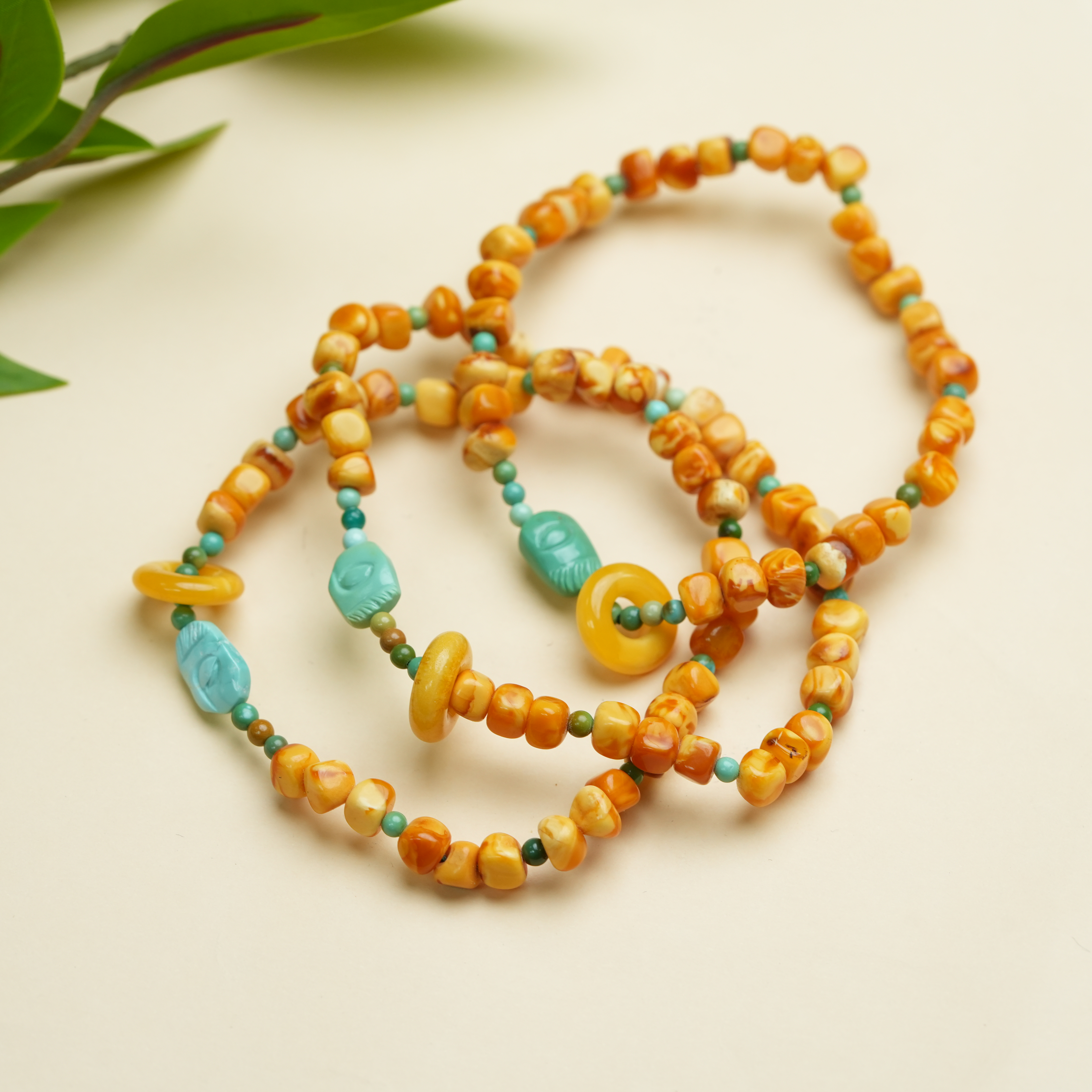 【虫二原创】5mm+蜜蜡花蜡方块残佛绿松设计款手串链多样性发其一件