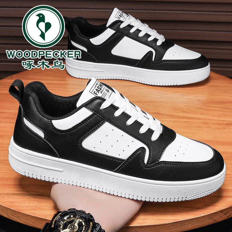【正品啄木鸟】男鞋2025新款男士小白鞋透气休闲运动黑白熊猫板鞋子