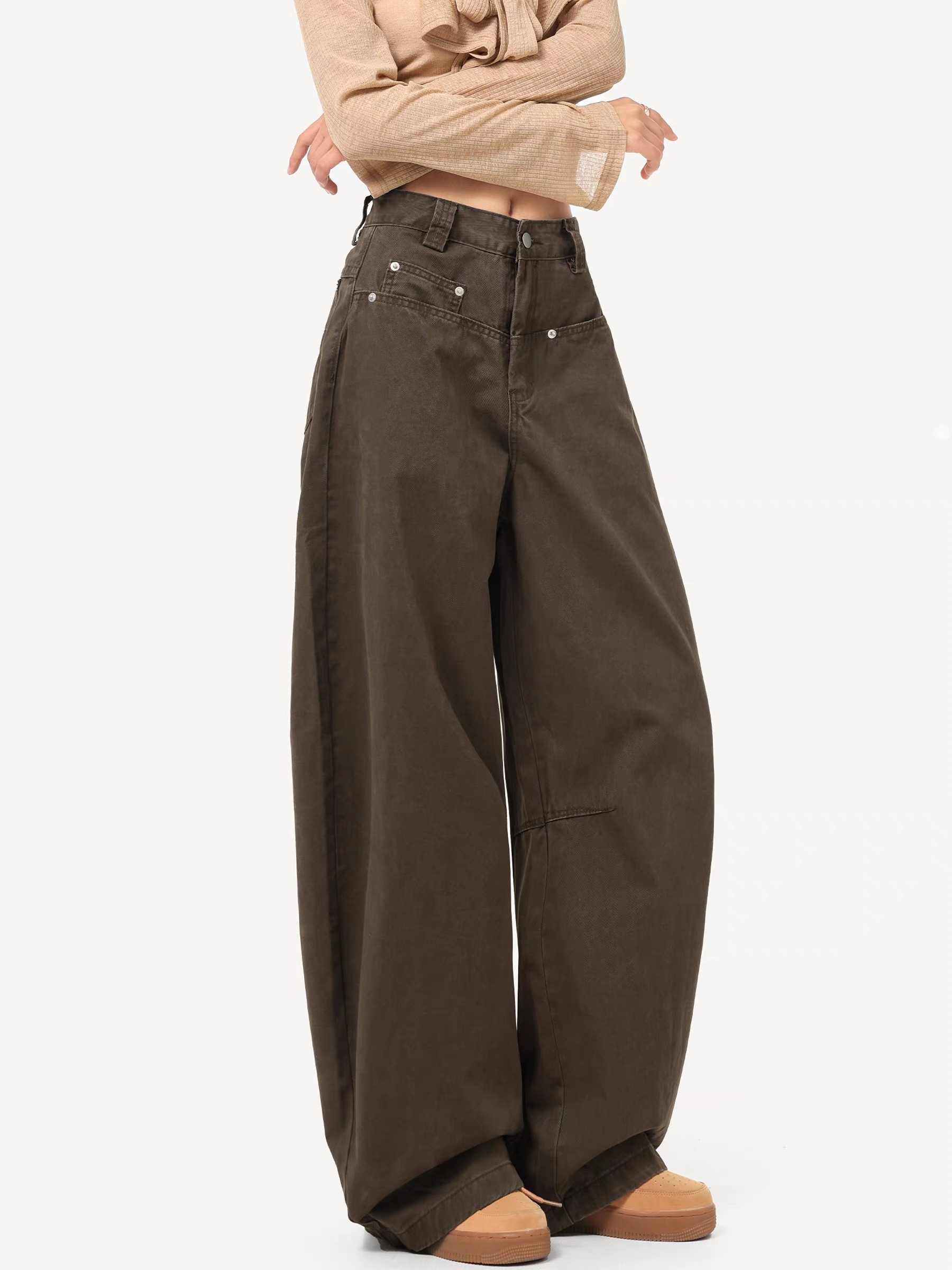 咖色弯刀牛仔裤女秋冬梨型身材高腰显瘦阔腿裤子大码胖mm镰刀裤女