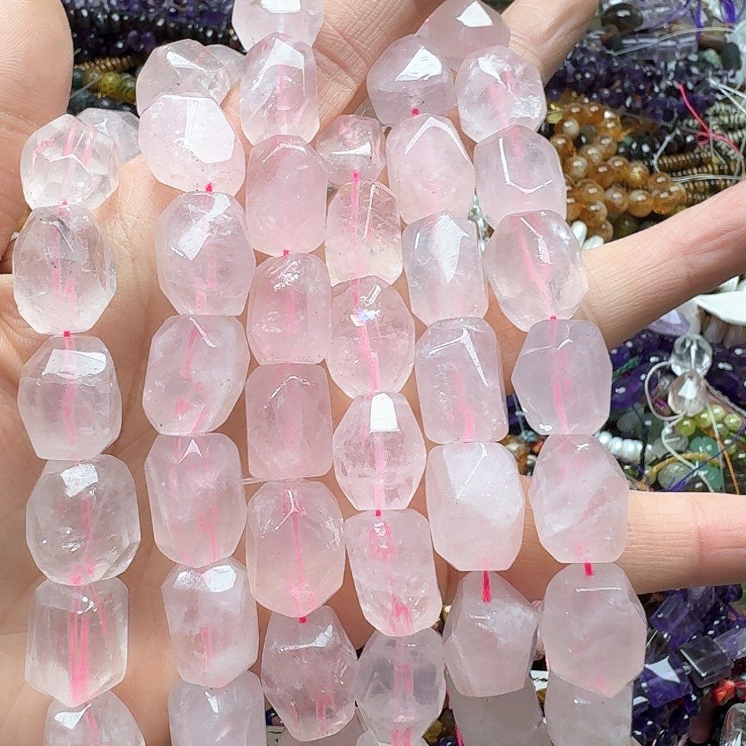 葡萄石未镶嵌珠宝半成品一条14x17m粉 晶切面桶珠