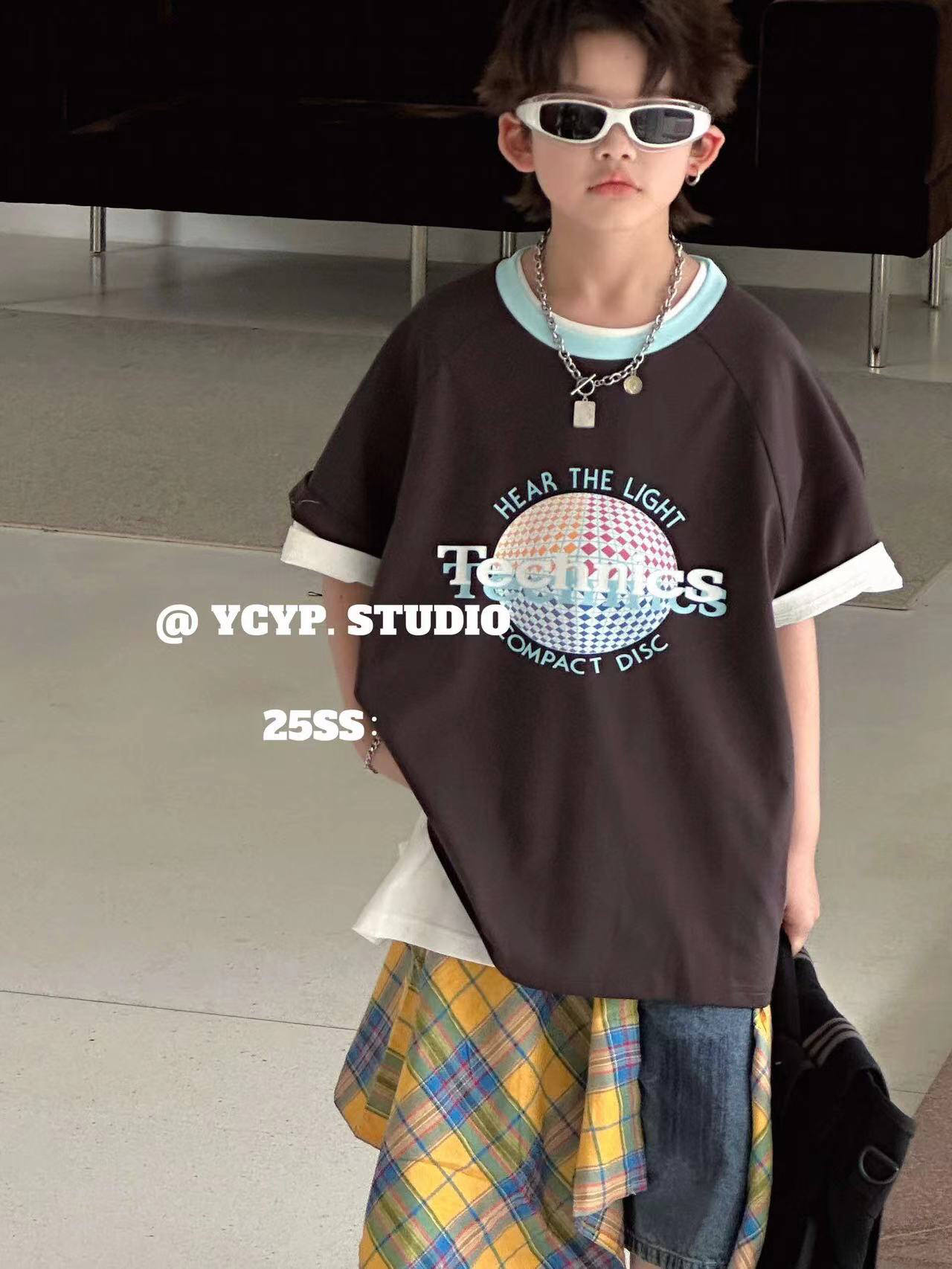 女韩版男女通用圆领夏季短袖T恤百搭格子女童欧美风