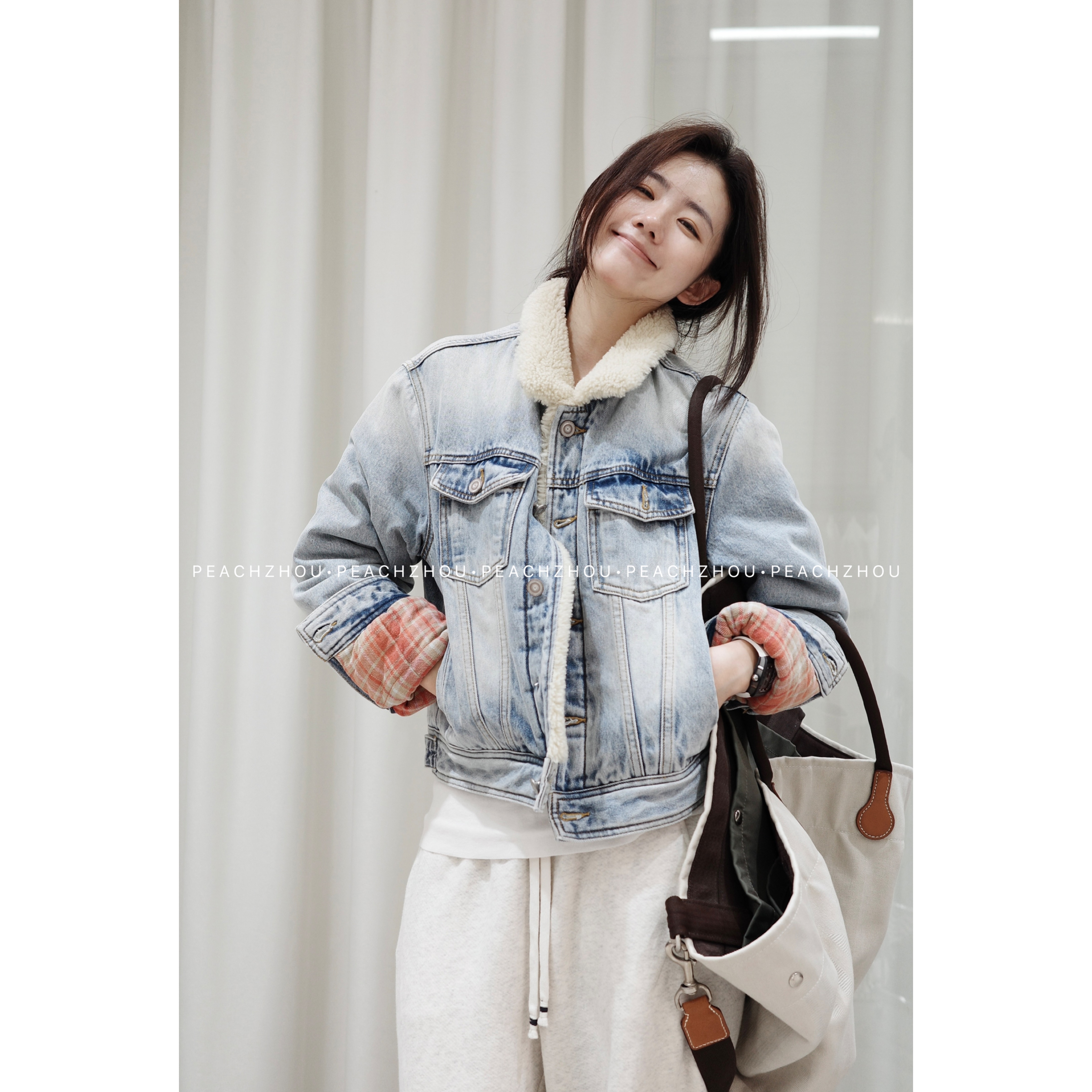 『PEACHZHOU』水洗洋羔毛领格纹复古港风合身短款夹棉牛仔棉服外套