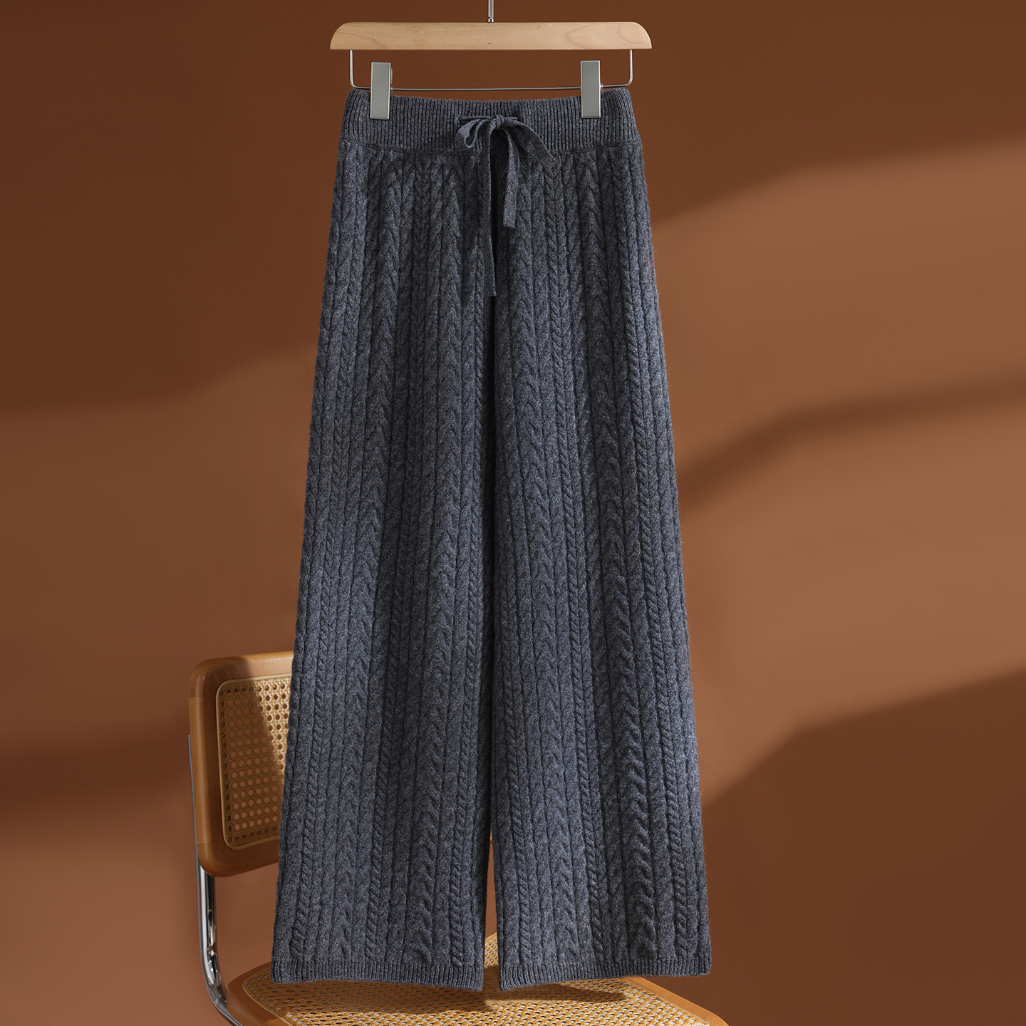 复古绞花阔腿裤女175加长高个子休闲裤秋冬针织小个子直筒拖地裤