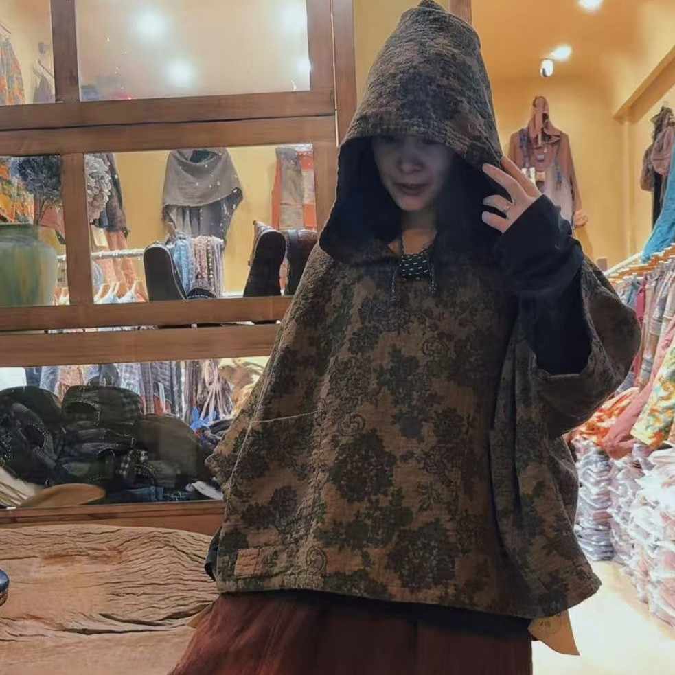 原创宽松慵懒风连帽秋冬圆领宽松型帽衫棉衣（衣长64胸围170）