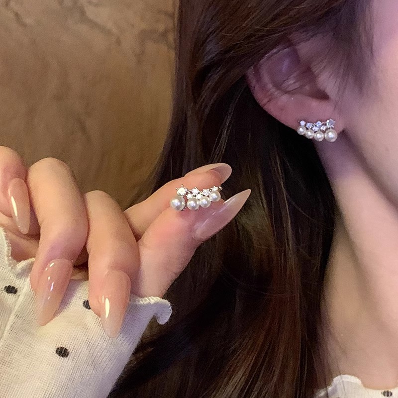 铜合金仿珍珠耳饰超闪小众锆石羽翼镶钻耳钉女轻奢小众设计独特气